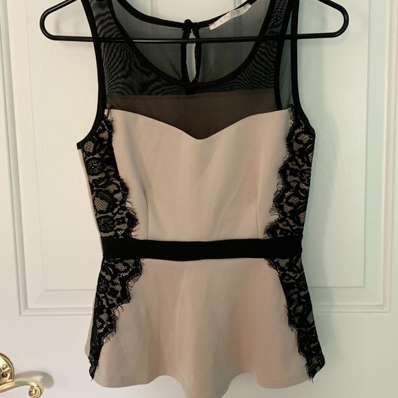 Danbee Tan & Black Peplum Top Size S - Picture 2 of 2